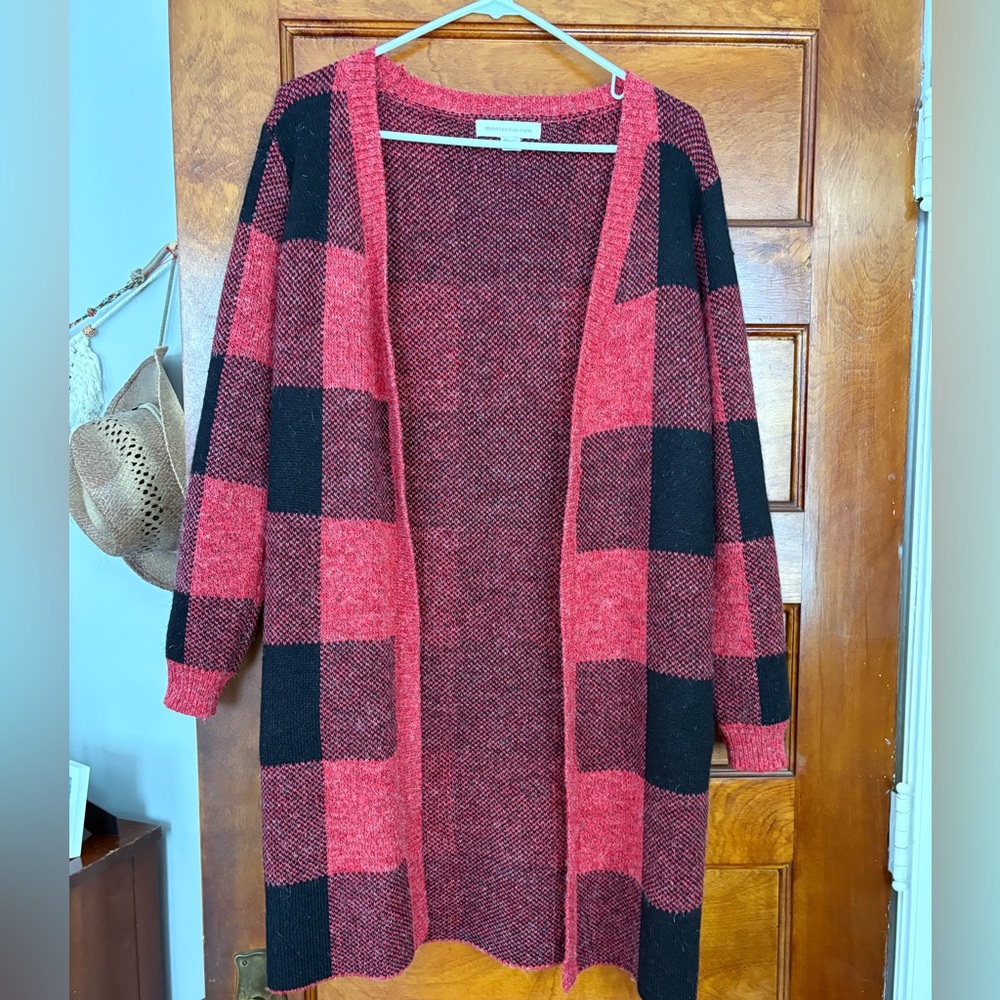 Monteau Los Angeles Women’s Buffalo Plaid Long Line Duster Cardigan Sweater